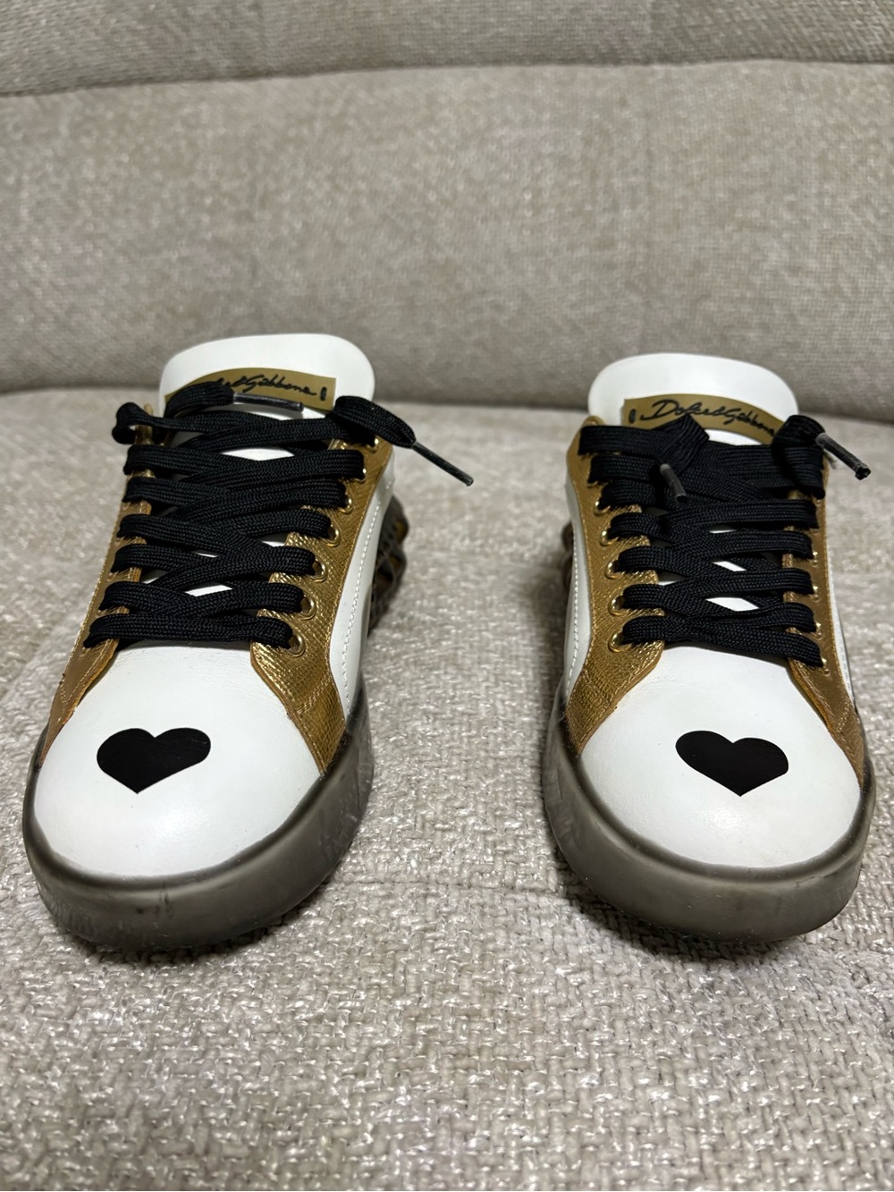Dolce & Gabbana White, Gold & Black Heart Low-Top Sneakers